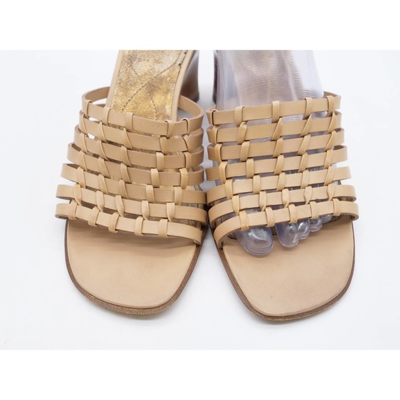 Circa Joan David Sandals Womens 7 Tan Leather Slide Strappy Weaved Open Toe Heel - Picture 6 of 11
